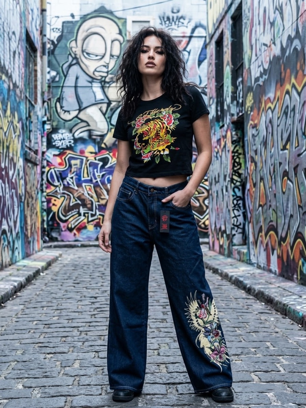 Ed Hardy Dark Blue Wide-Leg baggy Orchid Jeans with Multicolor Embroidery